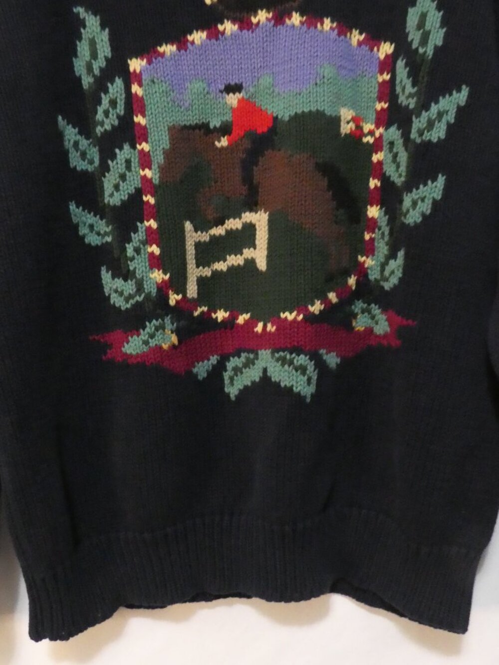 Vintage TABI INTERNATIONAL Equestrian Horse Crest Knit Sweater Navy - Size XL - Picture 9 of 16